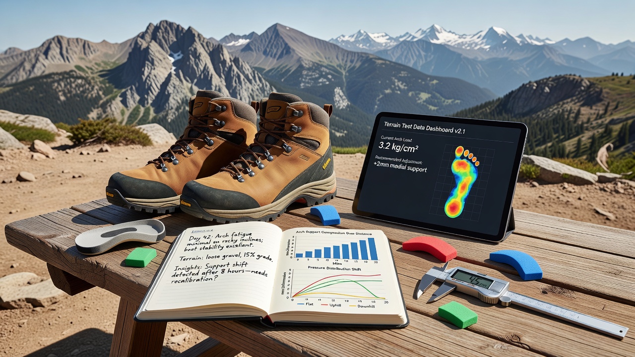 Close-up of hiking boot midsole after long-distance trek showing arch compression measurements