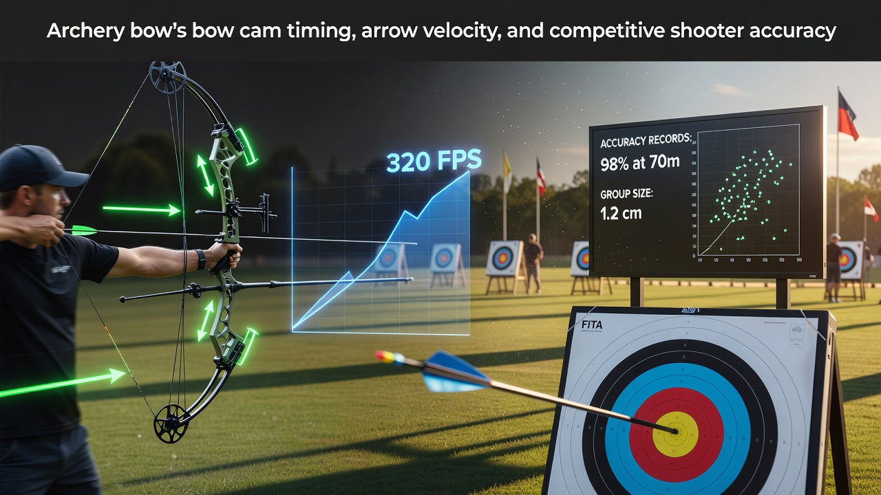 High-speed camera capturing bow cam timing during arrow release in outdoor archery range testing