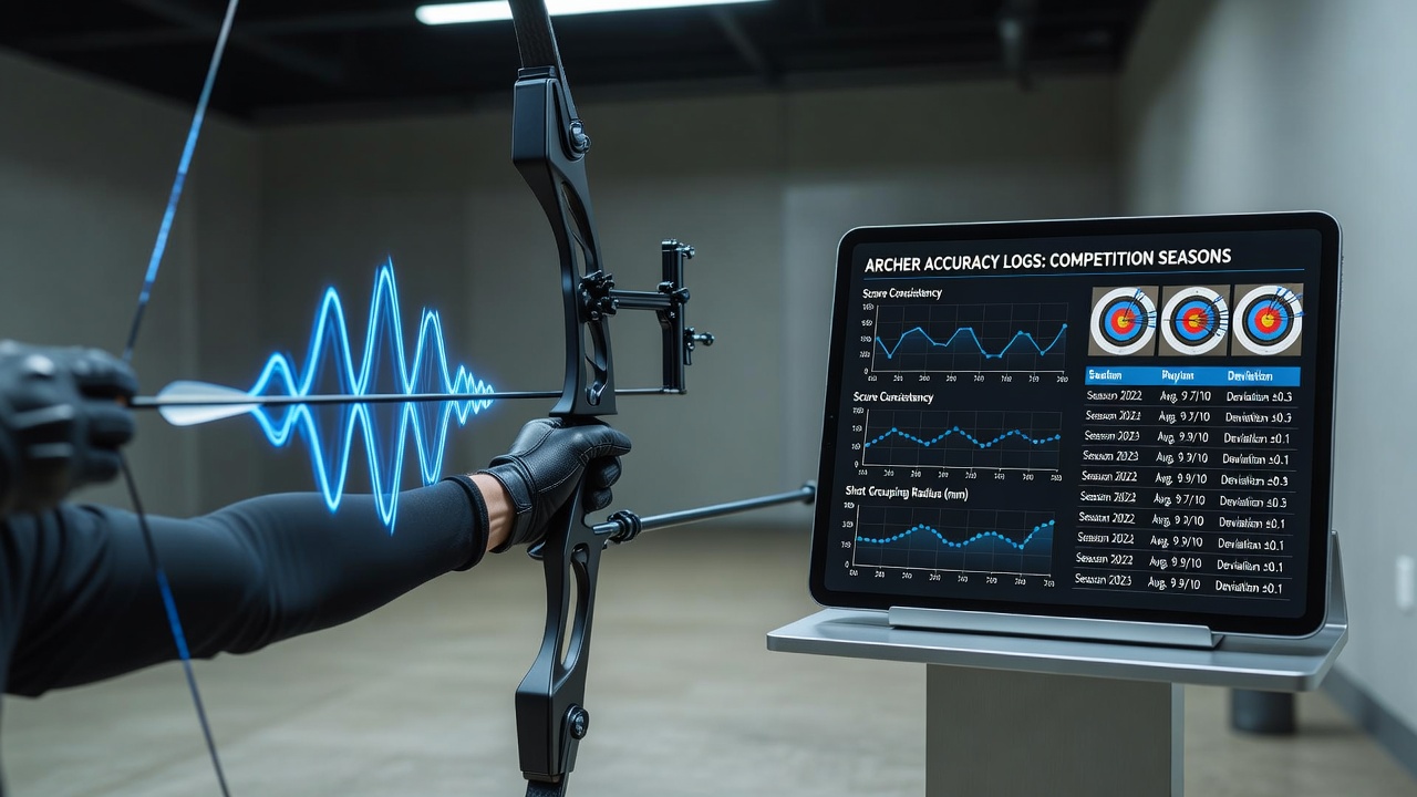 High-speed camera setup recording bowstring vibrations during an archery precision shoot at an outdoor range