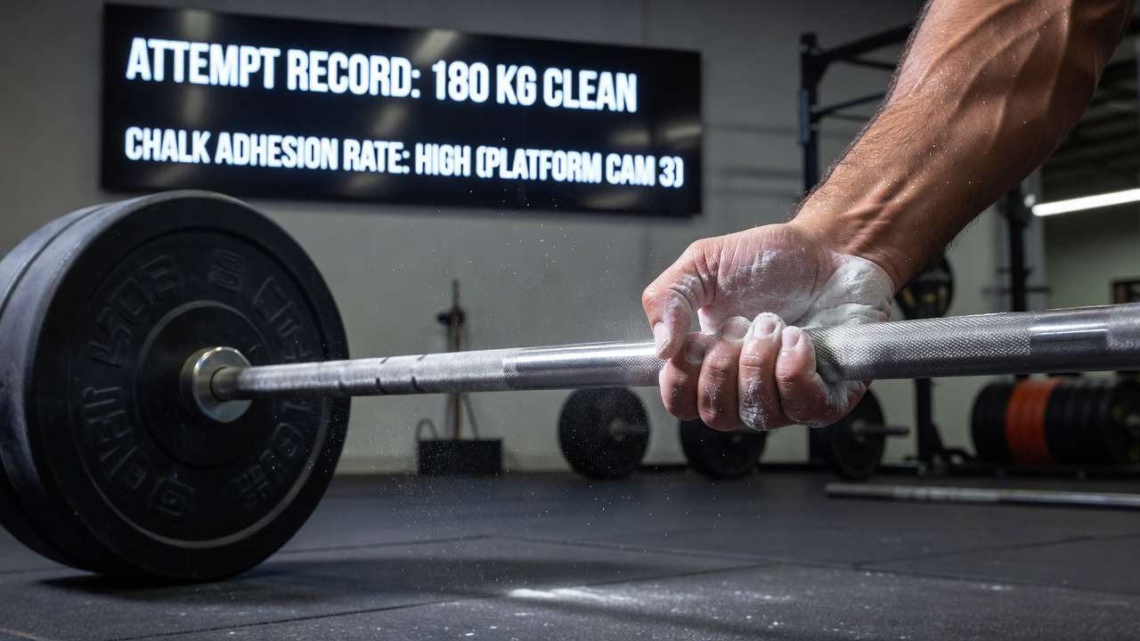Platform camera capturing chalk adhesion on barbell knurling during a heavy clean lift with sweaty palms