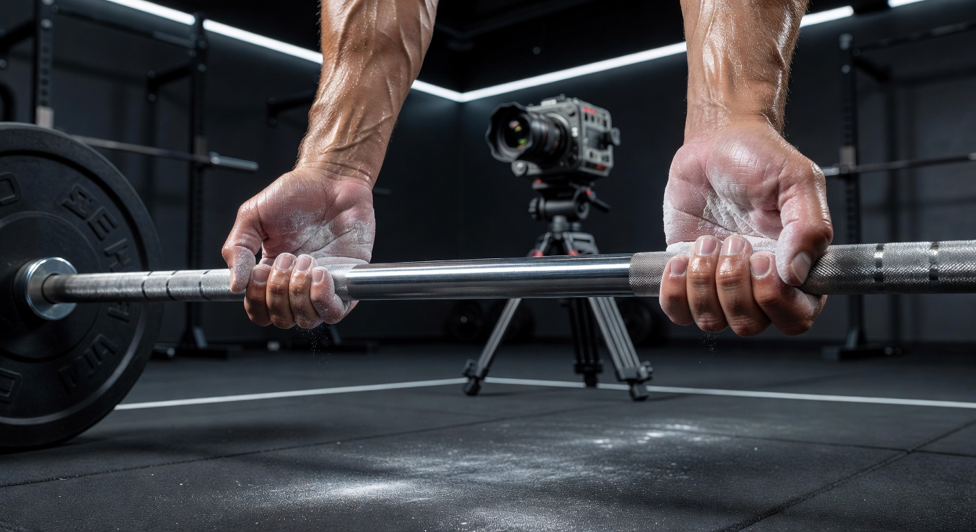 Powerlifter completing a heavy clean with visible chalk patterns on knurled barbell under platform monitoring