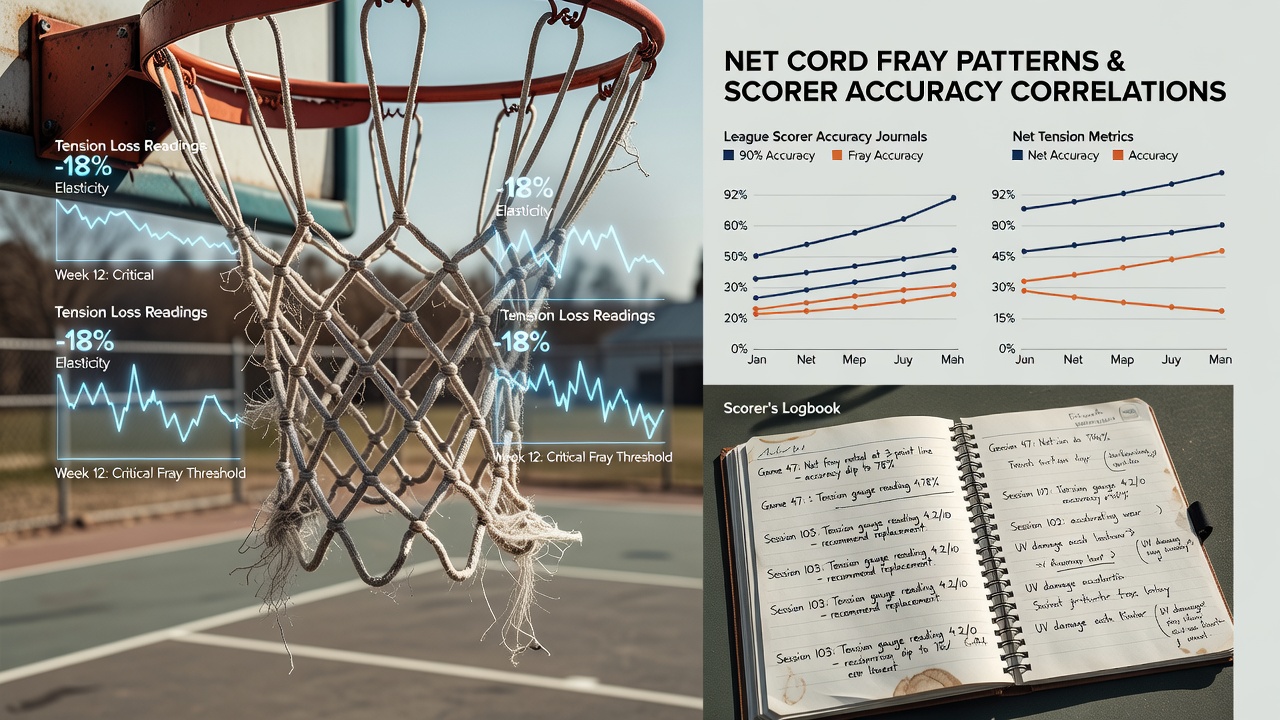 Time-lapse capture of basketball net cord fraying on an outdoor court during extended play