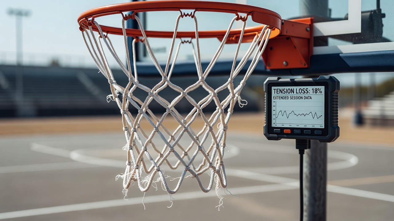 Close-up of fray patterns on basketball net cords after prolonged outdoor exposure