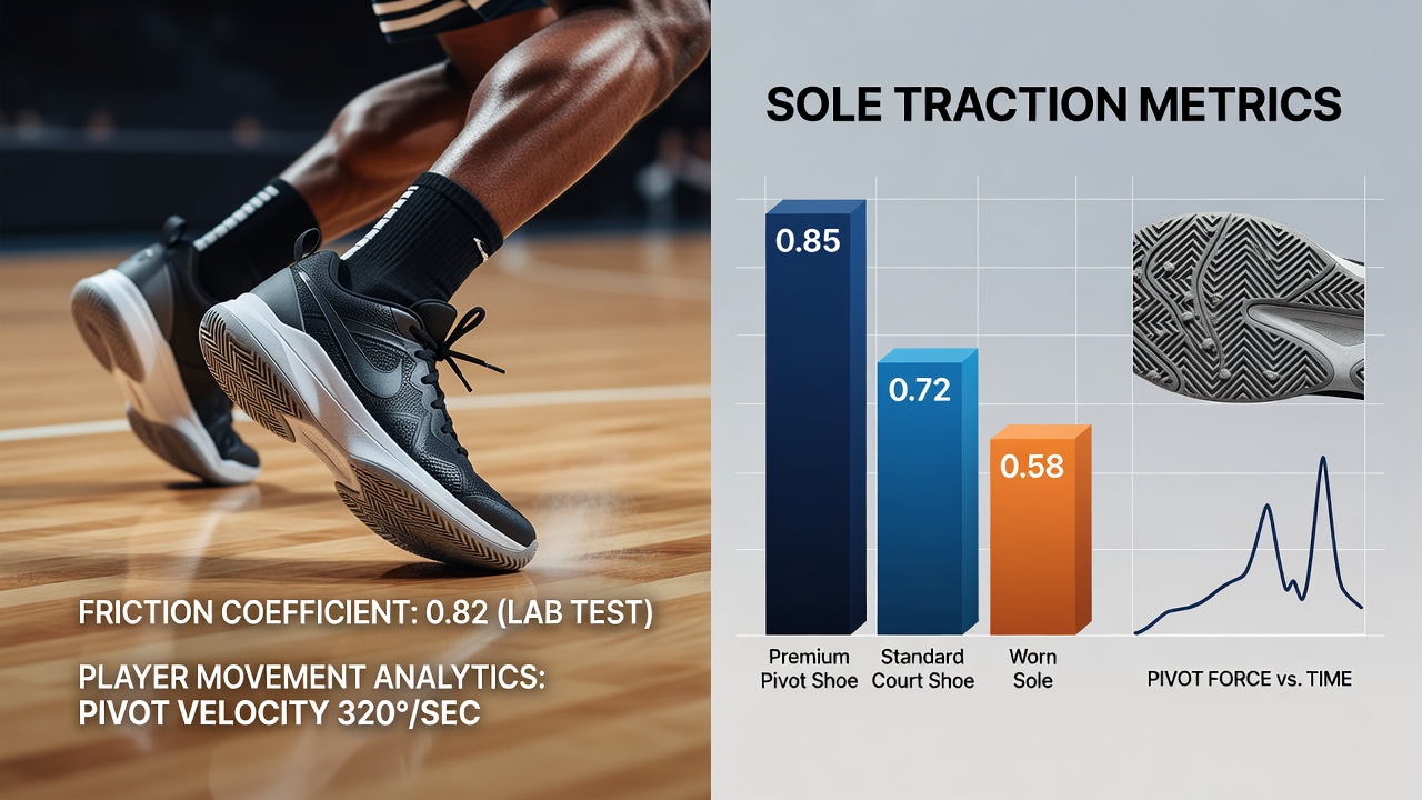 Close-up of basketball shoe sole patterns tested on hardwood surfaces for friction analysis