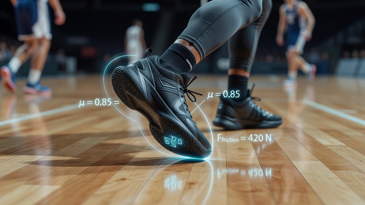 Athlete performing pivot move on hardwood court with motion tracking overlays showing foot placement