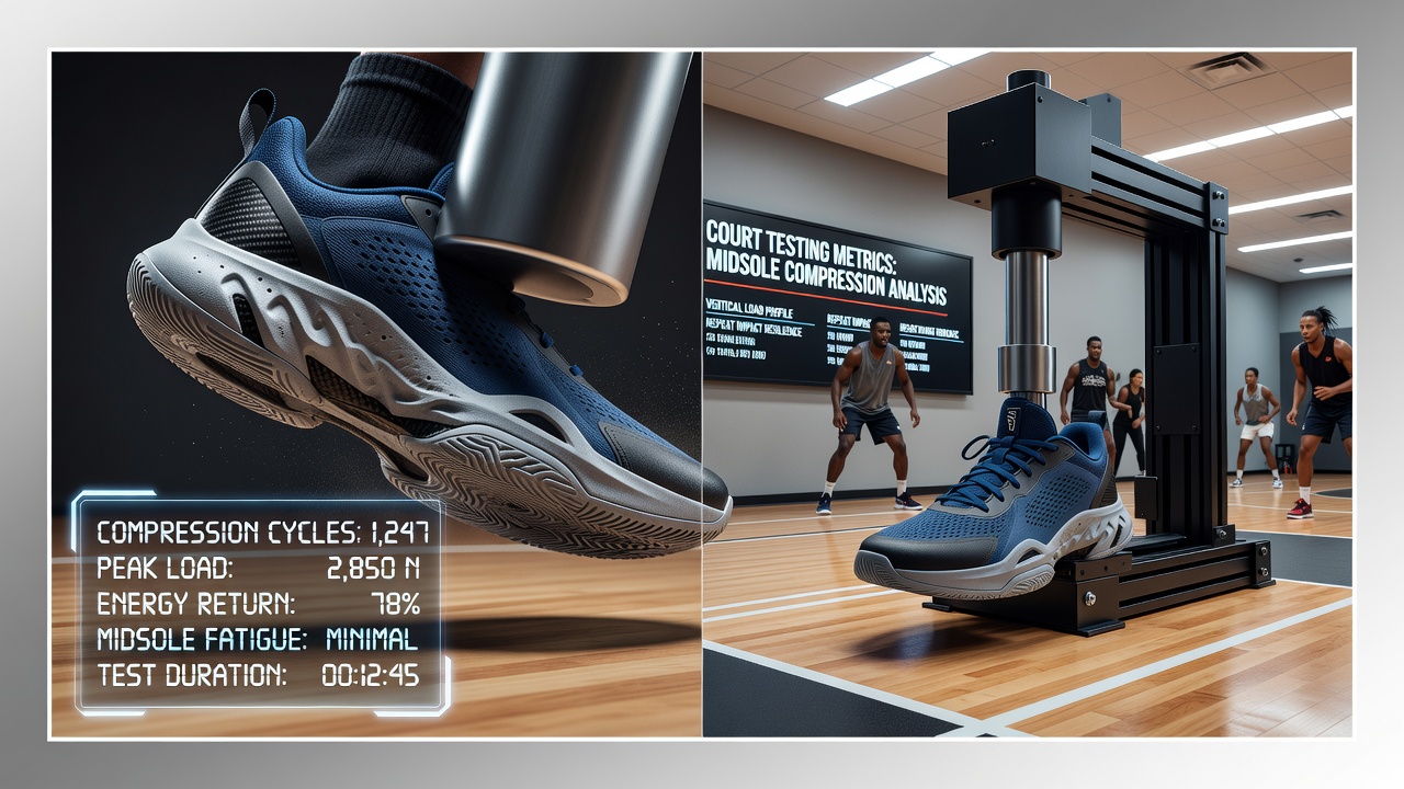 Force plate data overlay showing midsole compression readings during basketball jump sequence