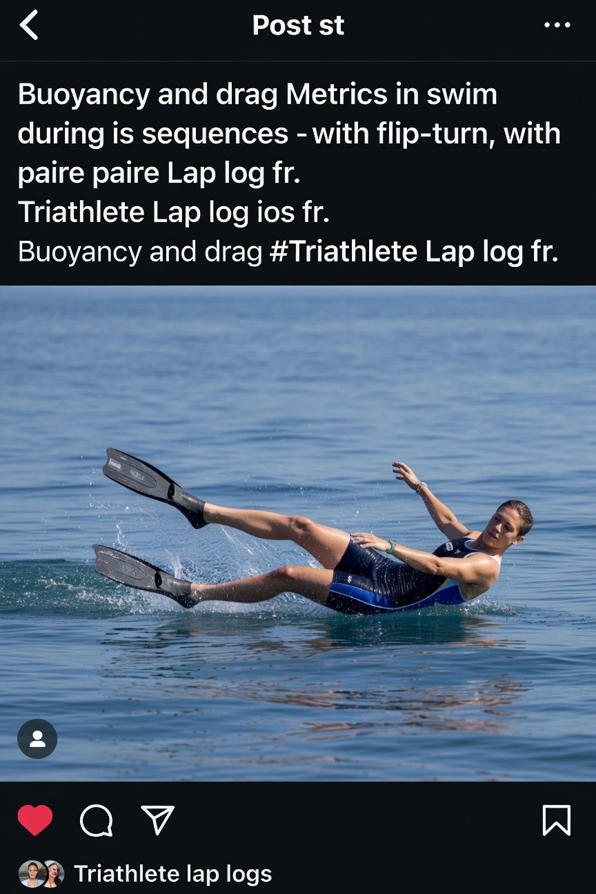 Triathlete reviewing lap logs from open-water training with swim fin drag metrics overlaid on digital training charts