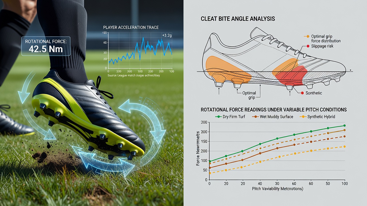 Instrumented soccer boot studs capturing rotational force data during pitch testing