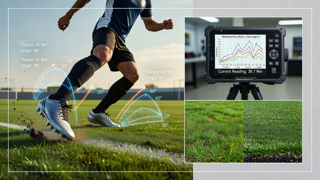Player acceleration traces synchronized with rotational force measurements from soccer boot testing