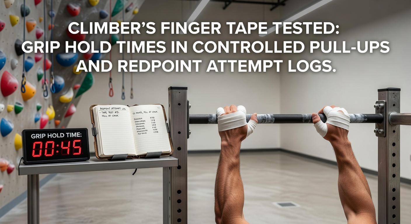 Climber applying finger tape on a hangboard during grip strength testing, with pull-up bar visible in controlled gym setup
