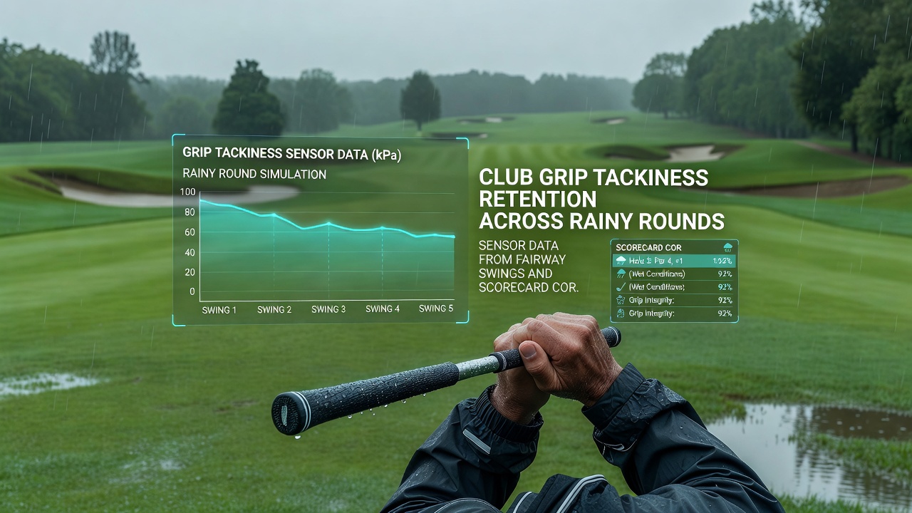 Graph displaying tackiness retention percentages over 18 holes in rainy conditions alongside average score correlations