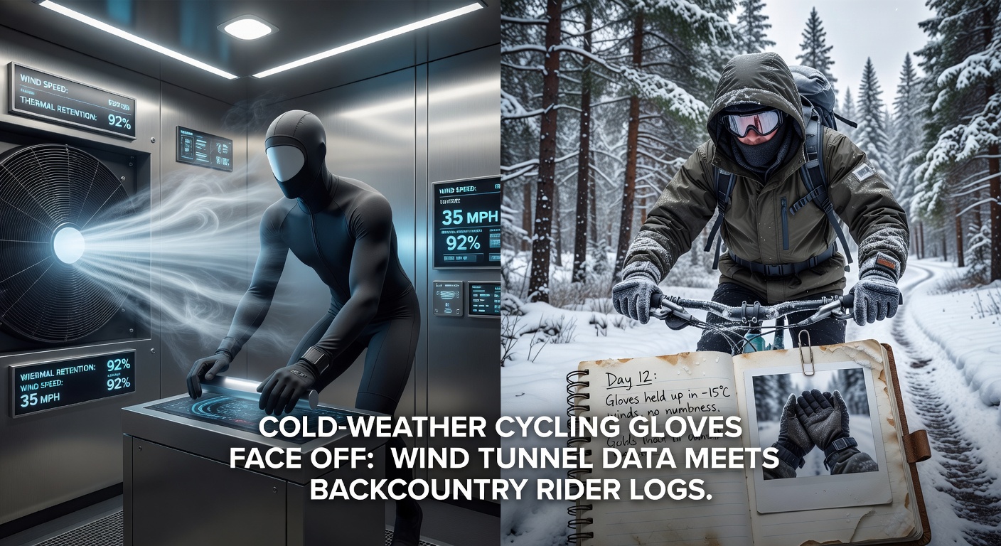 Wind tunnel testing setup showing cycling gloves under high-speed airflow, with sensors measuring insulation and wind penetration.