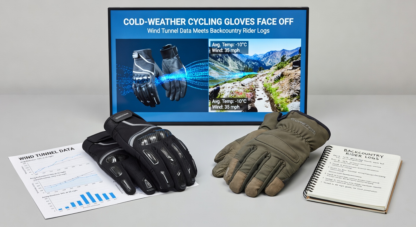 Backcountry rider in snowy terrain wearing insulated cycling gloves, gripping handlebars during a steep climb with fresh powder visible.