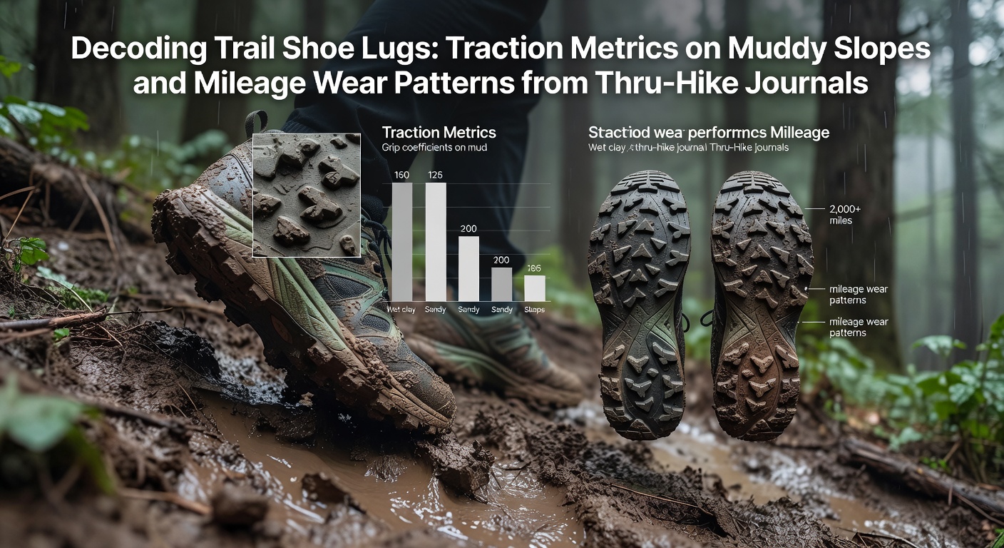 Close-up of trail shoe lugs gripping muddy slope during a steep ascent, showing deep cleats caked in wet soil