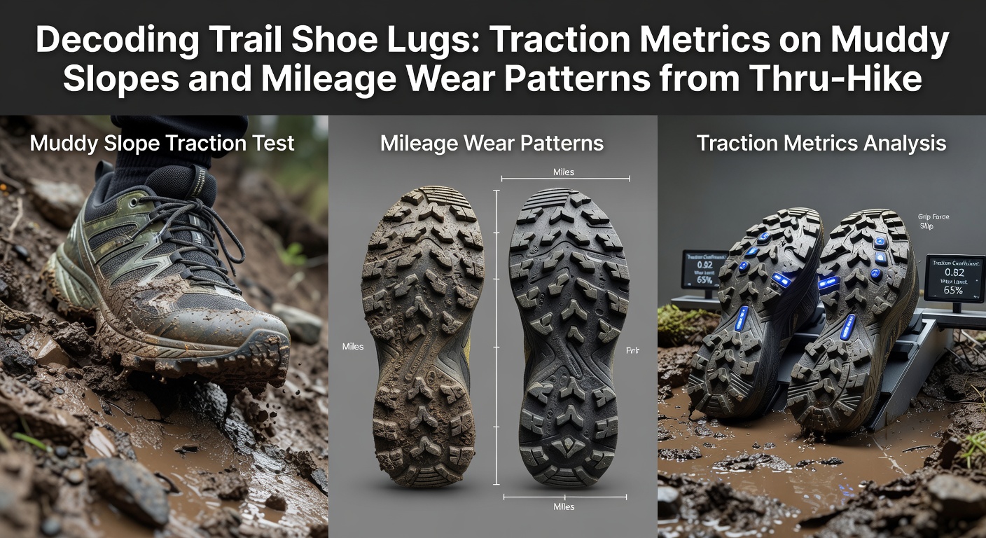 Side-by-side comparison of new and worn trail shoe soles from thru-hike journals, highlighting lug erosion after 1,500 miles on mixed terrain