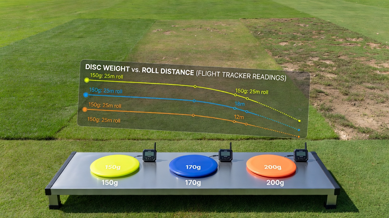 Tournament score log excerpts alongside turf surface diagrams illustrating disc roll measurements captured during August 2026 events