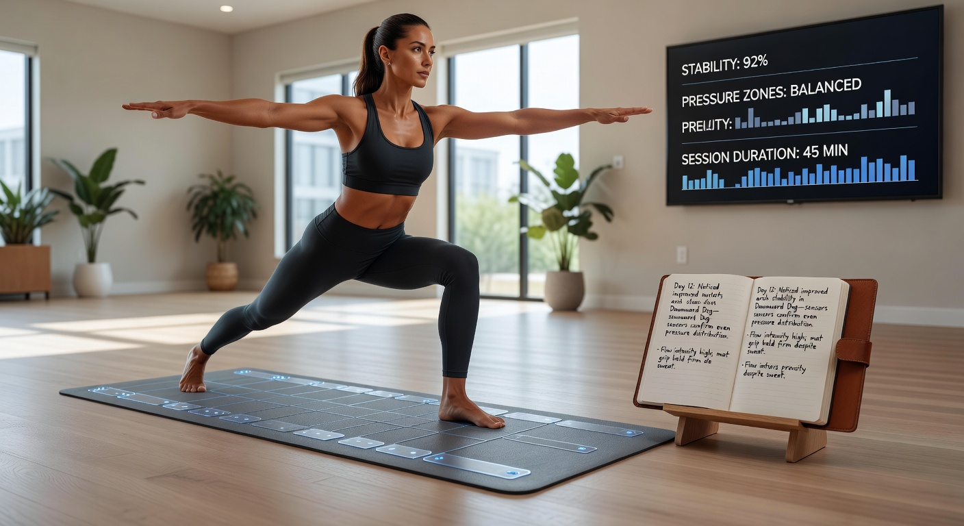 Studio setup showing pressure sensors embedded beneath yoga mats during vinyasa flow sessions with practitioners in downward dog and warrior poses