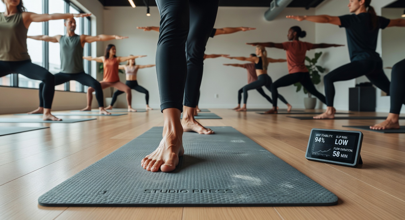 Heat map visualization of pressure distribution on a yoga mat during mid-session vinyasa flow with highlighted grip instability zones