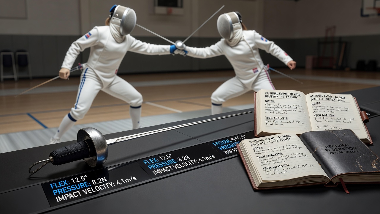 Sensor setup on fencing practice strip measuring foil blade flex during drills