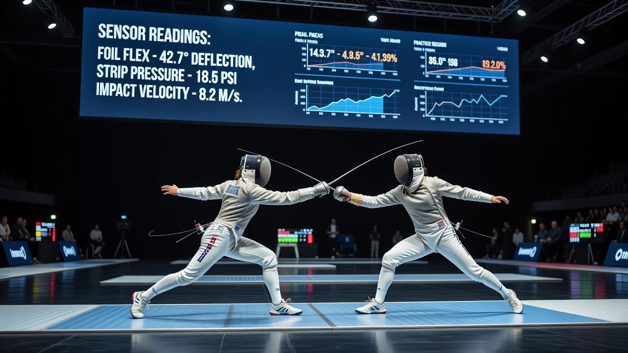 Fencer executing a lunge on competition strip with overlaid flex point data from regional event