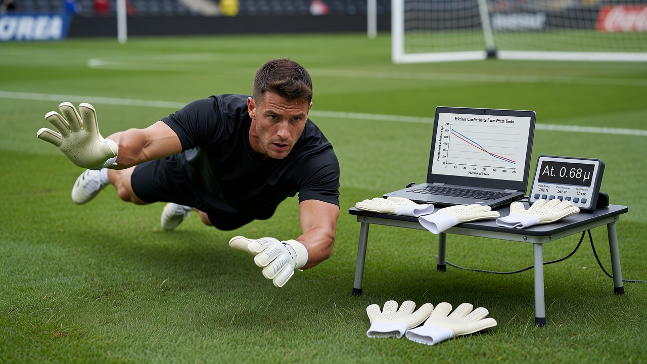 Goalkeeper performing repeated dives on pitch with latex glove close-up during friction analysis