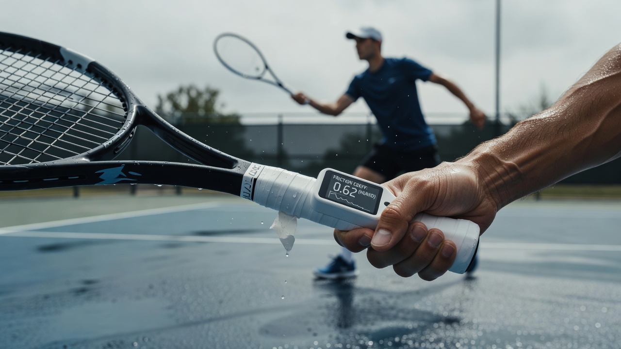 Close-up of tennis racket handle with grip tape and humidity sensor readings
