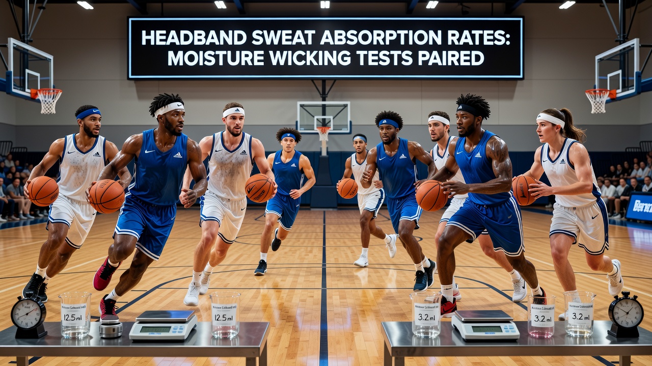 Close-up of moisture wicking test setup with basketball headband samples and measurement equipment