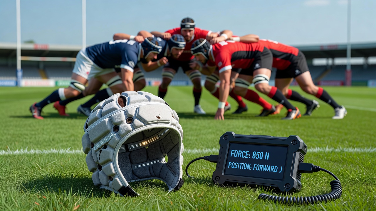 Close-up of rugby helmet padding after compression testing with sensor data overlay
