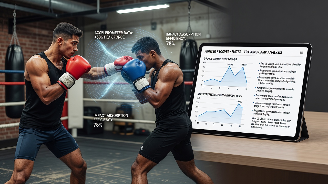 Boxing gloves equipped with accelerometers during sparring analysis in a training facility