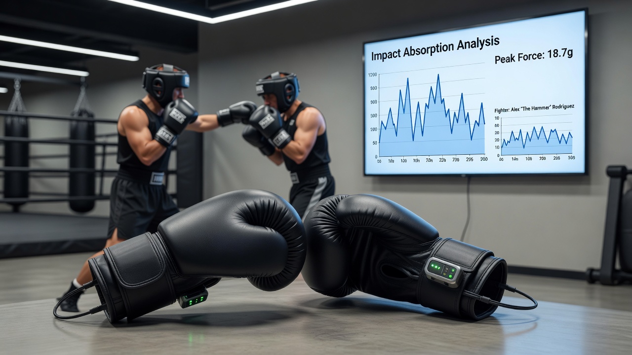 Fighter reviewing recovery notes alongside accelerometer graphs in a training camp setting