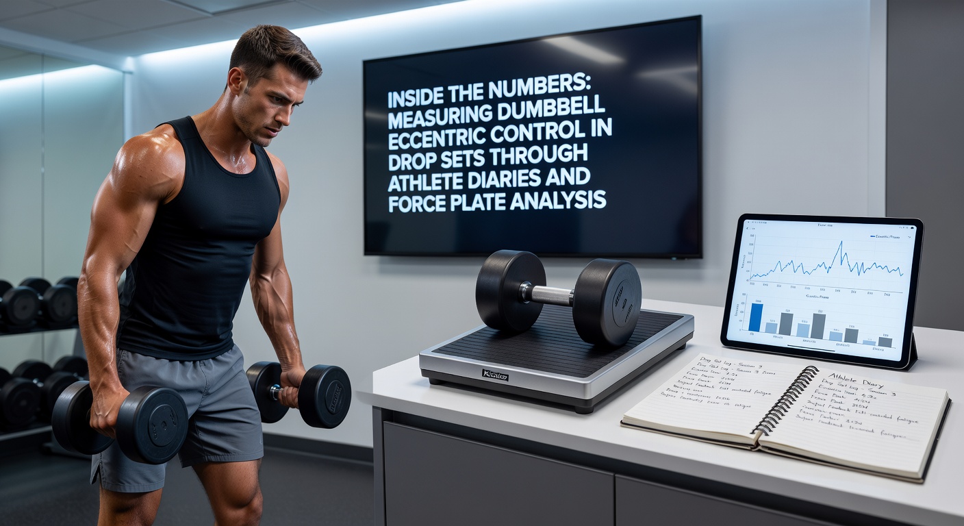 Athletes performing dumbbell drop sets on force plates in a sports lab setting with data displays
