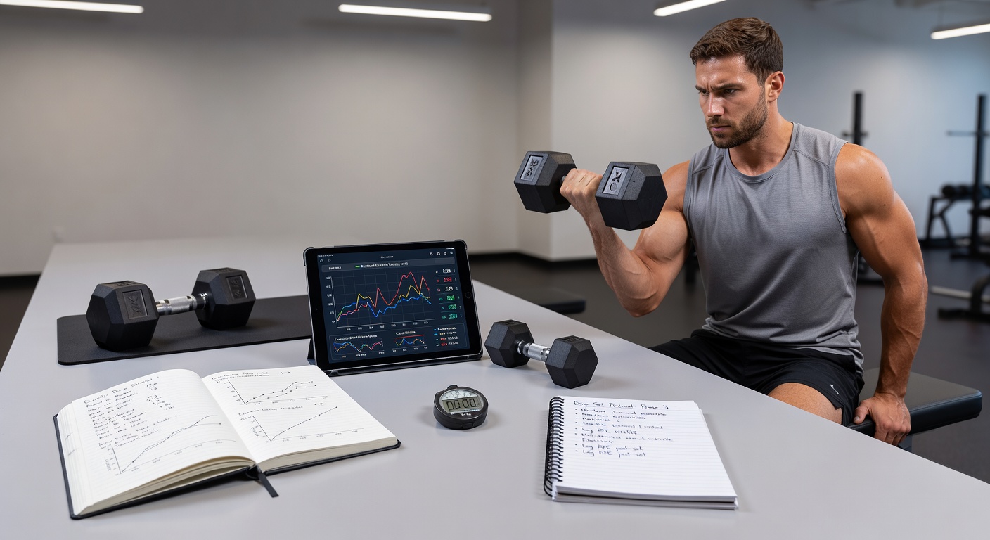 Close-up of force plate readouts and athlete diary entries side by side during a dumbbell training session