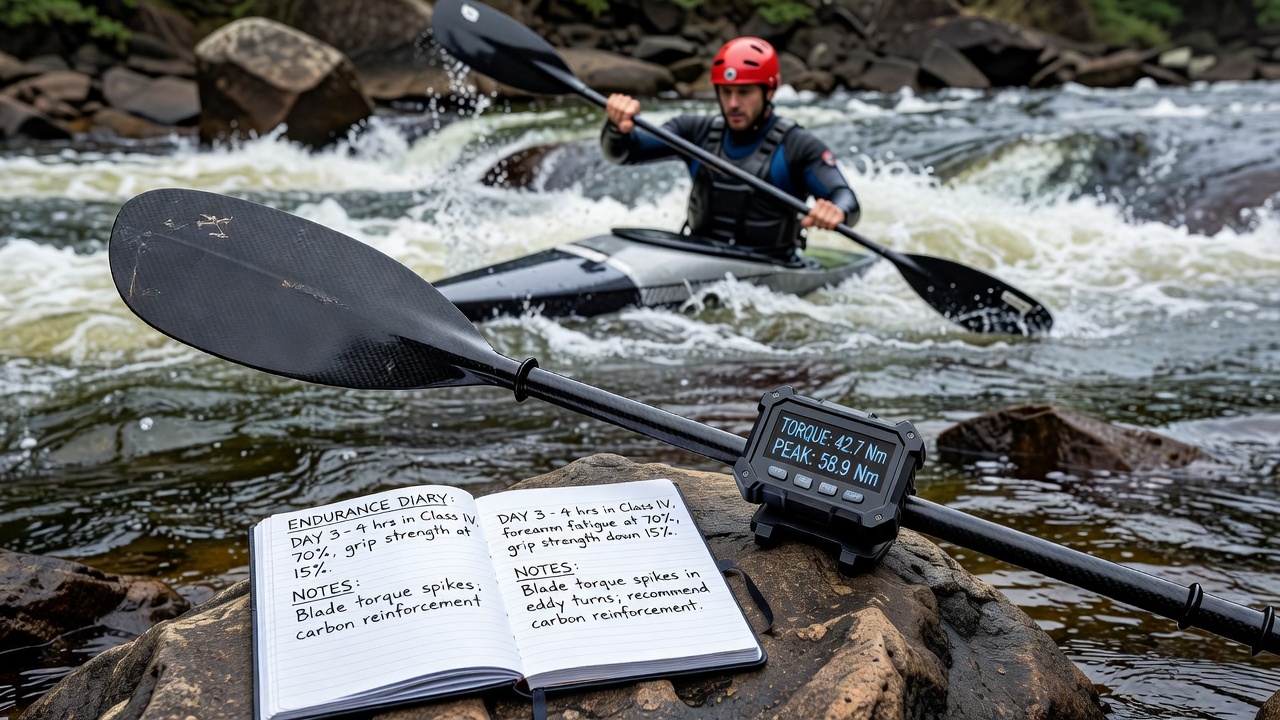 Force gauge setup on kayak paddle blade during whitewater rapids testing with torque sensors attached