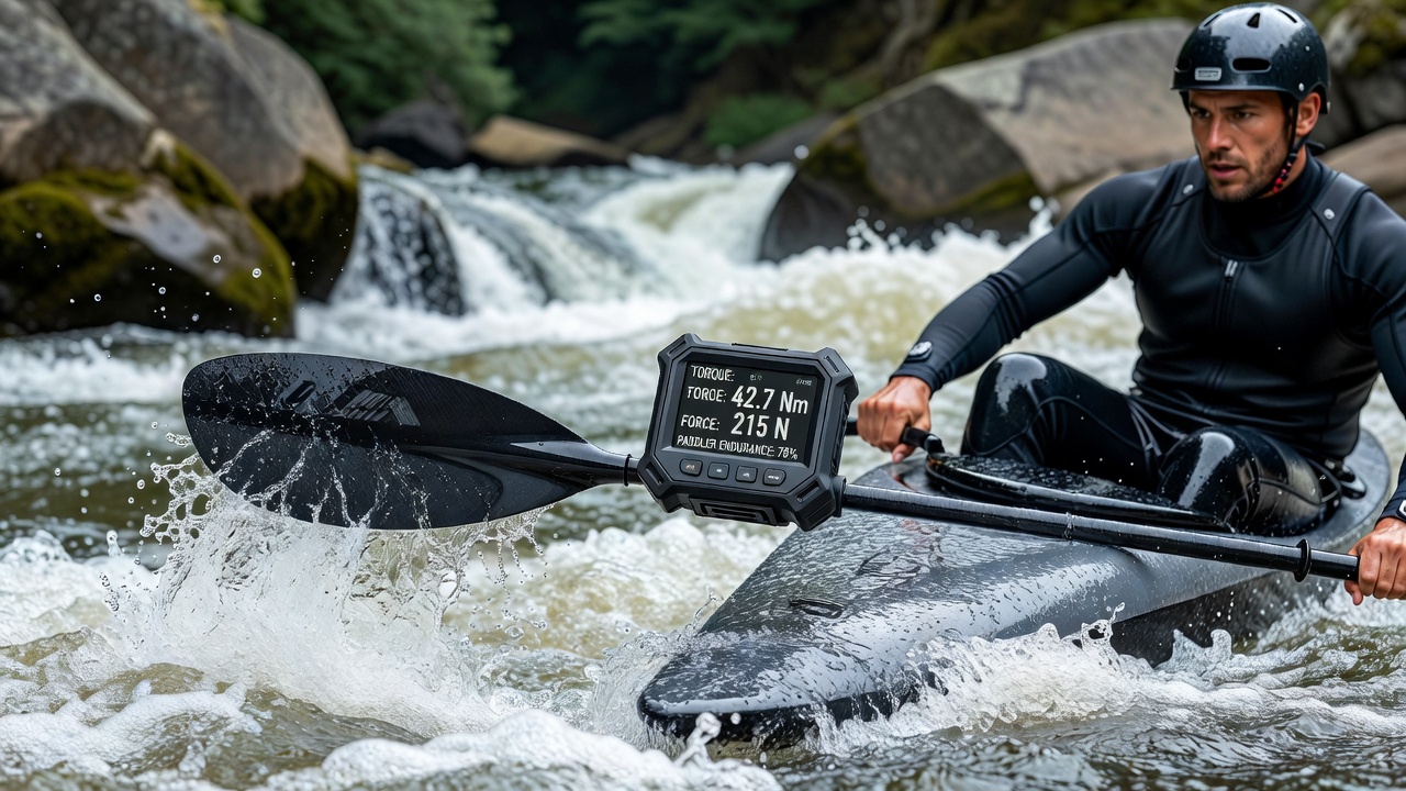 Paddler reviewing endurance diary entries alongside force gauge output graphs from recent whitewater runs