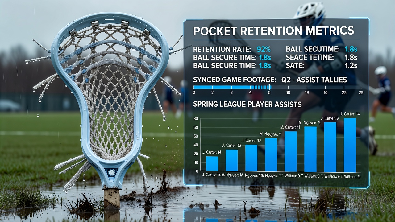 Lacrosse players on a wet field during spring league action with focus on head stringing and pocket performance
