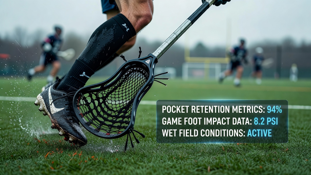Close-up analysis of lacrosse pocket retention during wet conditions with overlaid metrics