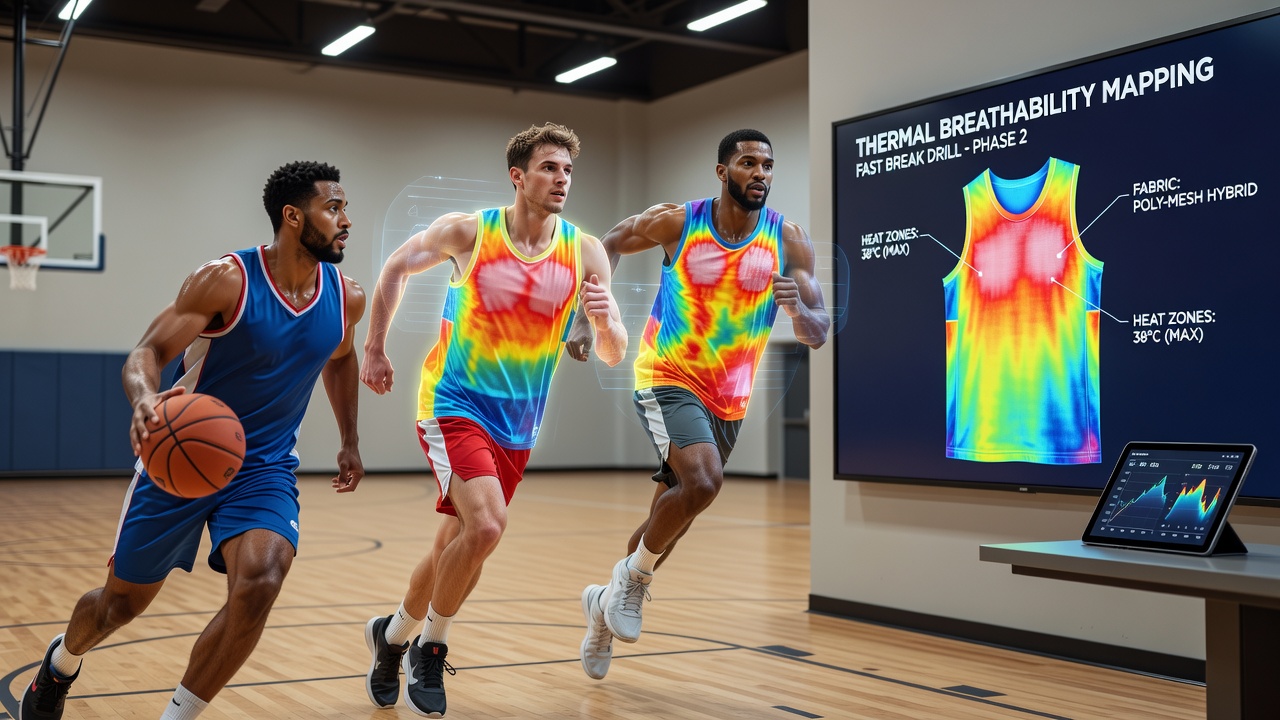 Side-by-side thermal scans and sweat rate charts from basketball jersey testing