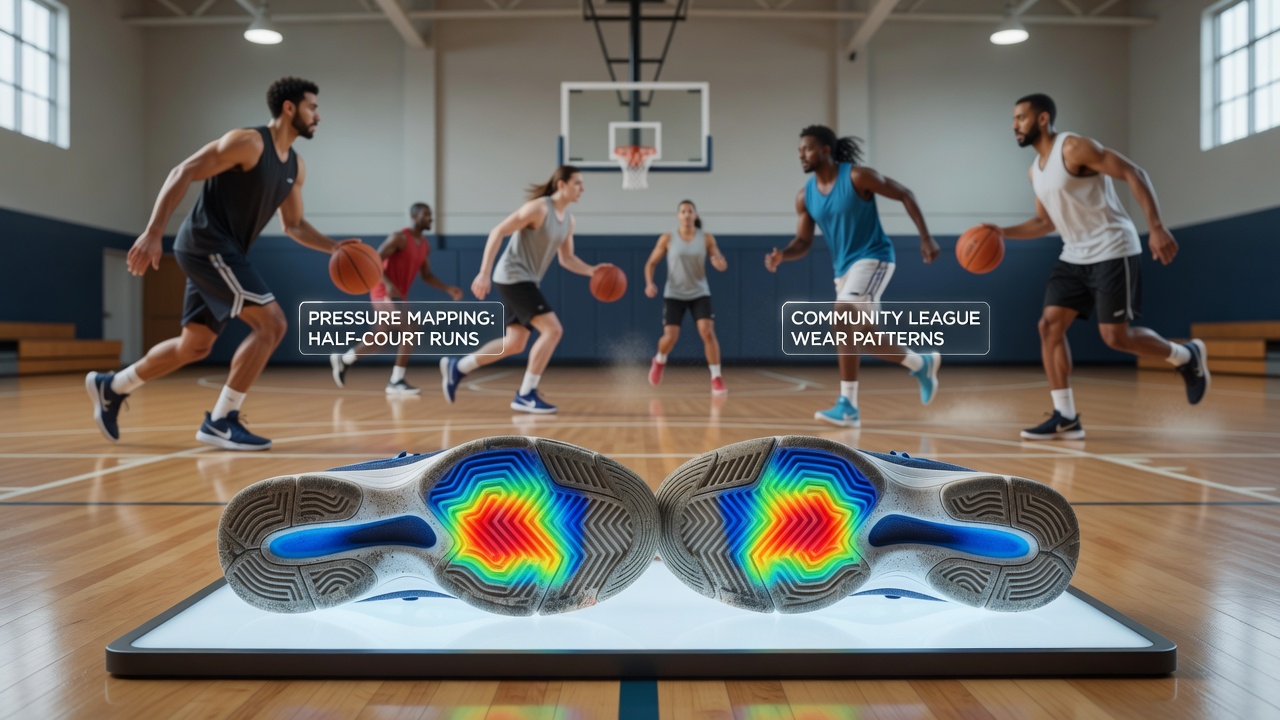 Detailed pressure heatmaps showing wear concentration zones on basketball shoe outsoles