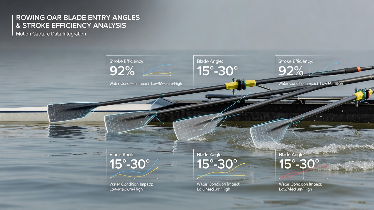 Rowers on open water with overlaid motion capture markers showing blade entry adjustments in choppy conditions