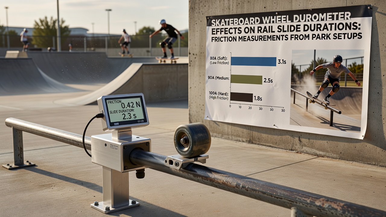 Skater performing rail slide with data logging equipment attached to board and rail, alongside sample pages from trick consistency journals