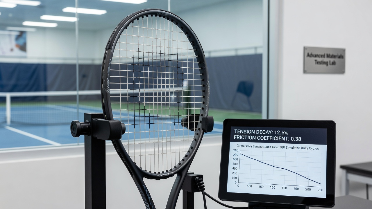 Professional tennis player restringing racket between clay court matches with tension monitoring equipment visible