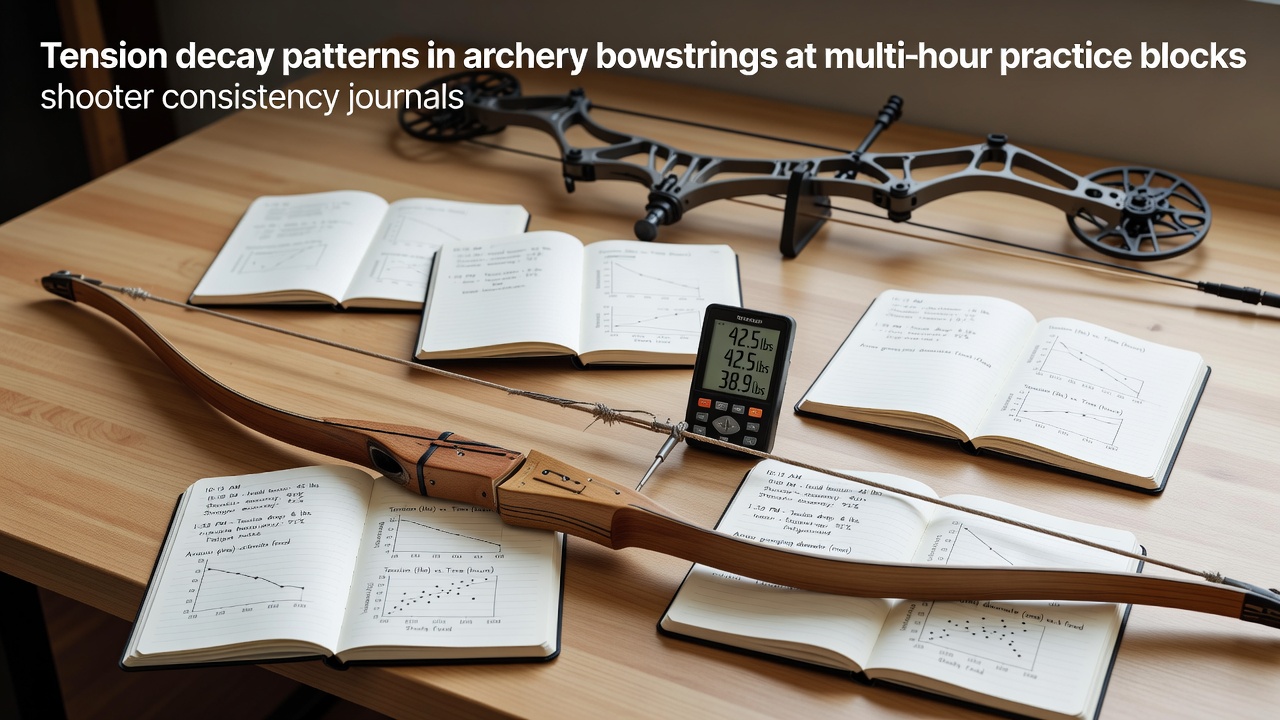 Archery bowstring tension testing setup with measurement tools during extended practice sessions