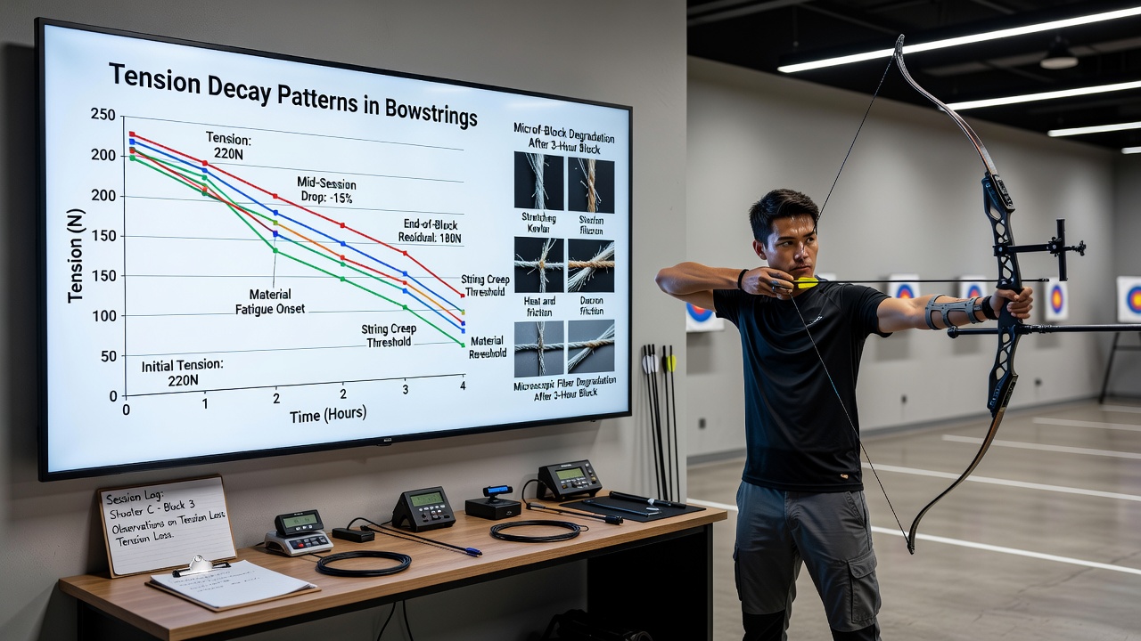 Detailed view of archery bowstring under tension measurement paired with digital consistency tracking logs