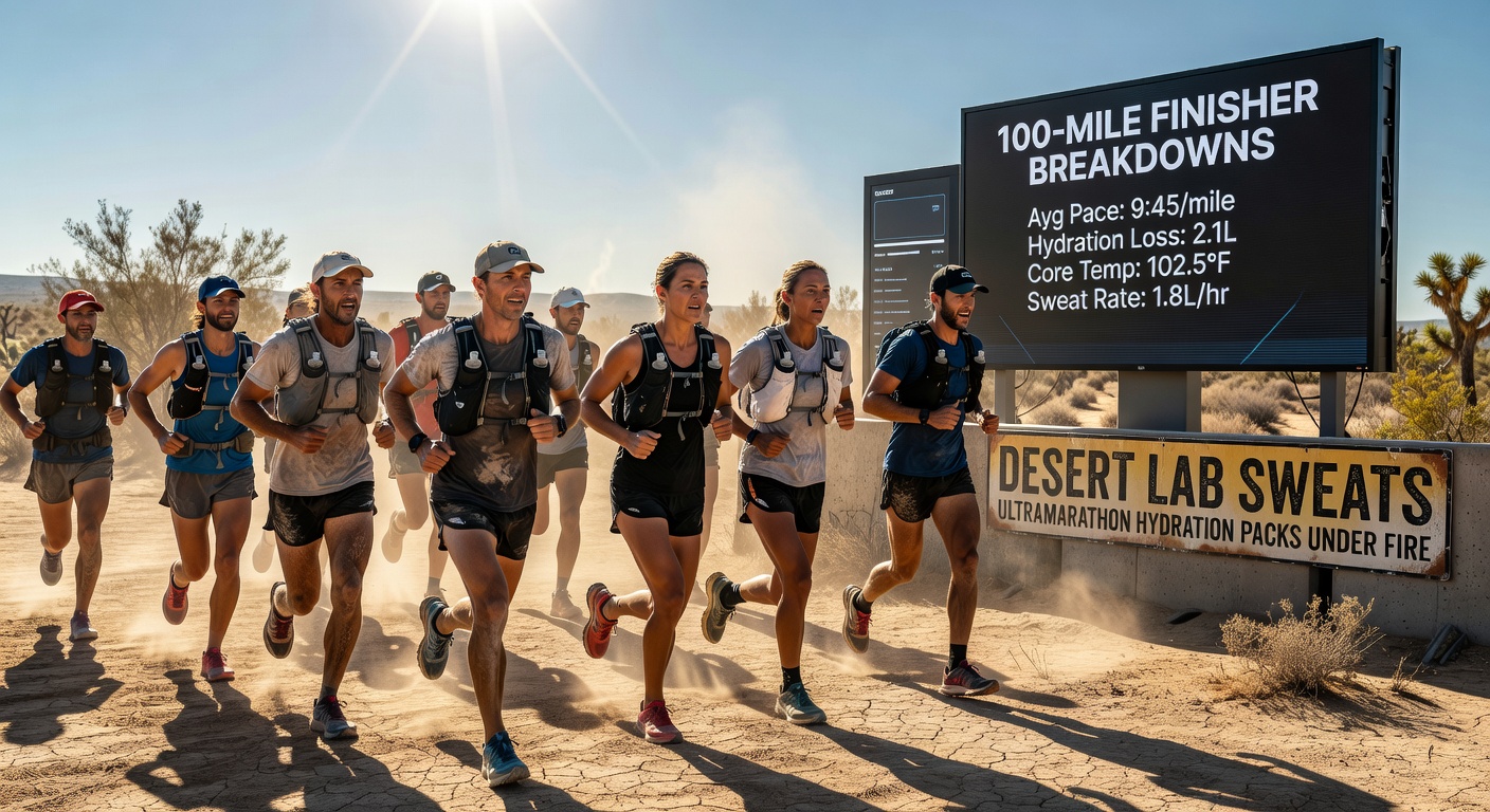 Runner in desert lab wearing hydration pack during high-heat sweat simulation test, sweat dripping profusely under controlled arid conditions