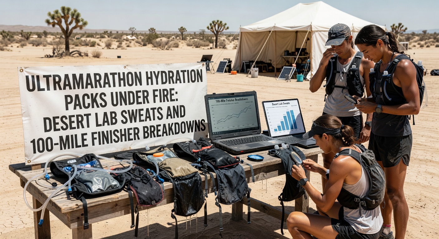 Disassembled hydration pack from a 100-mile ultramarathon finisher, showing delaminated bladder, warped tubes, and sand-clogged valves after extreme desert exposure