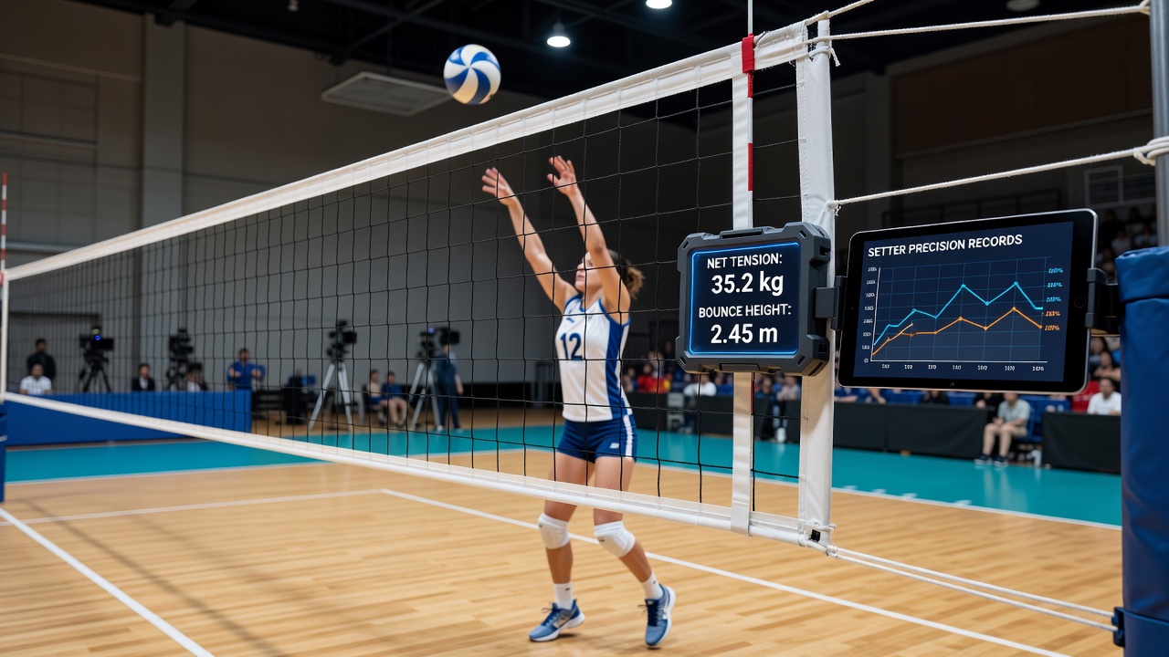 Volleyball net tension measurement setup with court cameras capturing bounce data during tournament play