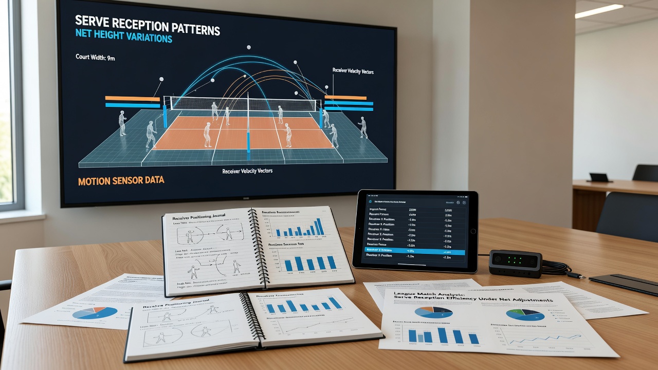 Motion sensor setup capturing volleyball serve reception movements during league matches with varying net heights